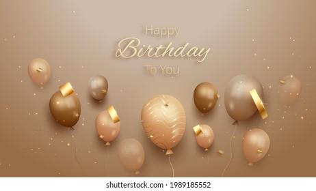 Happy birthday card with luxury balloons and ribbon. 3d realistic style. vector illustration for design.