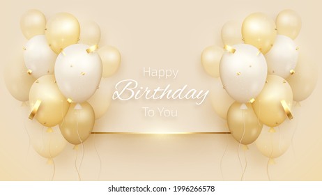 Happy birthday card with luxury balloons and ribbon 3d style realistic on cream shade background. vector illustration for design.