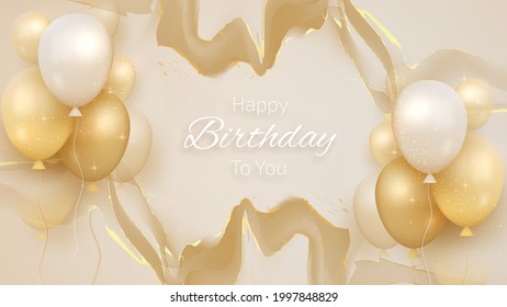 Happy birthday card with luxury balloons on background realistic gold marble on brown shade scene. vector illustration for design.