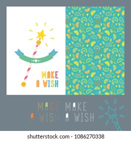 Happy birthday card with magic wand, citruses background and sample of greeting lettering. Make a wish