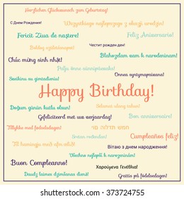 Happy birthday card in many languages, vector illustration