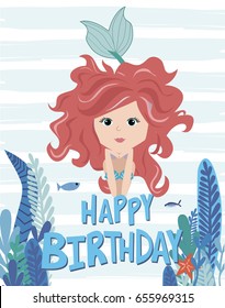 Happy Birthday card with mermaid and sea life. Vector illustration