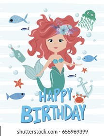 Happy Birthday card with mermaid and sea life. Vector illustration