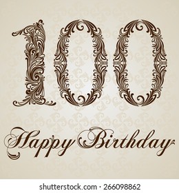 Happy birthday card with number 100. Vector Anniversary Celebration Design Background. Swirl Style Illustration.