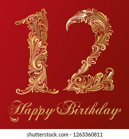 Happy birthday card with number 12 twelve. Vector Design Background. Swirl Style Illustration.