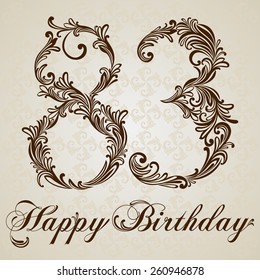 Happy birthday card with number eighty three. Vector Design Background. Swirl Style Illustration.