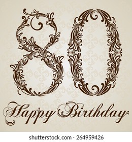 Happy birthday card with number  Eighty. Vector Design Background. Swirl Style Illustration.