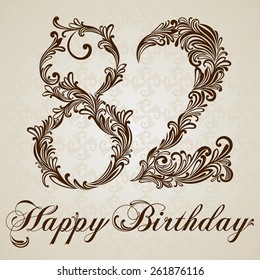 Happy birthday card with number  Eighty-two.  Vector Design Background. Swirl Style Illustration.