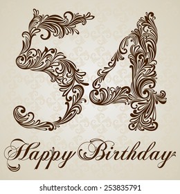 Happy birthday card with number fifty four. Vector Design Background. Swirl Style Illustration.