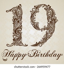 Happy birthday card with number Nineteen. Vector Design Background. Swirl Style Illustration.