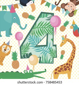Happy Birthday card with number for safari africa party. Vector illustration