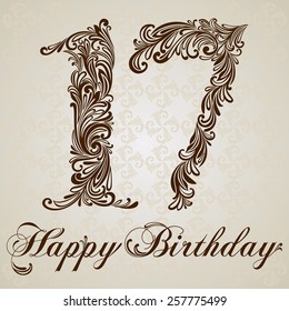 Happy birthday card with number seventeen. Vector Design Background. Swirl Style Illustration. svg