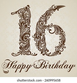 Happy birthday card with number sixteen. Vector Design Background. Swirl Style Illustration.