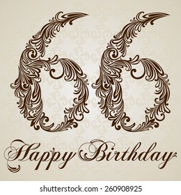 Happy birthday card with number sixty six . Vector Design Background. Swirl Style Illustration.