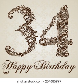 Happy birthday card with number thirty four. Vector Design Background. Swirl Style Illustration.