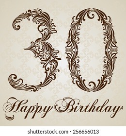  Happy birthday card with number thirty. Vector Design Background. Swirl Style Illustration.