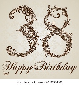 Happy birthday card with number thirty-eight. Vector Design Background. Swirl Style Illustration.