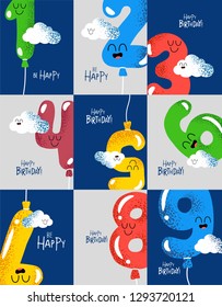 Happy birthday card number. Vector illustration. Use for card, poster, banner, web design and print on t-shirt. Easy to edit. Vector illustration.