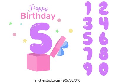 Happy birthday card with numbers. Celebrating of 5th years. Editable vector illustration Colorful festive design for greeting card, postcard. Opening gift box with flying out five from box 