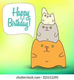 Happy birthday card on the chat box with three cute cats on the mashed background