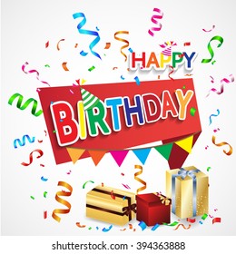 Happy birthday card on colorful rays background. Vector, EPS10