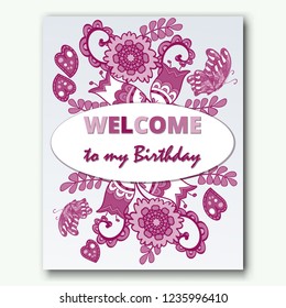 Happy Birthday  card. on decorated bouquets   background.  template , gift certificate, party invitation, congratulation