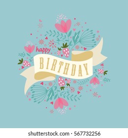 Happy birthday card on flowers background. Vector illustration.