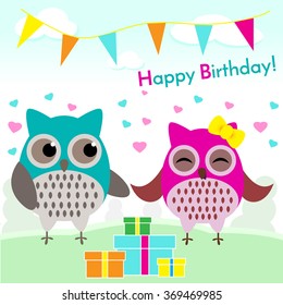 Happy Birthday Card Owls Stock Vector (Royalty Free) 369469985 ...