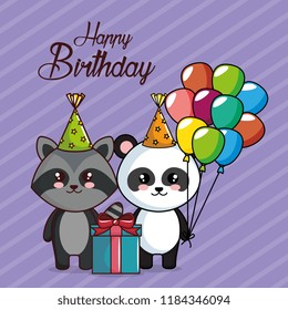 happy birthday card with panda and raccoon