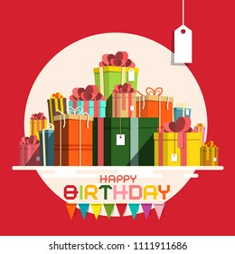 Happy Birthday Card with Paper Gift Boxes Pile. Vector Present Box Pile with Flags on Red Background.