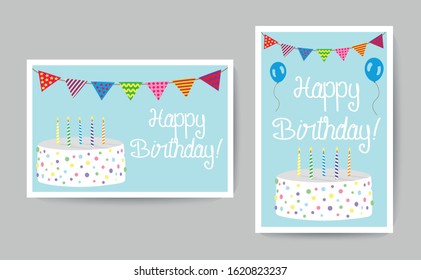 Happy Birthday card with party elements, cake and candles 