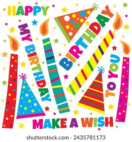 Happy birthday card with party hat and candles design