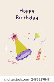 Tarjeta de feliz cumpleaños con sombrero de fiesta, vela y pipa de cumpleaños. Tarjeta de felicitación con caligrafía. Plantillas de Ilustración vectorial elegantes y de moda en estilo simple