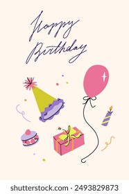 Happy birthday card with party hat, balloon, gift and macaron. Greeting card with handwritten typograpthy. Elegant and trendy vector illustration templates in simple style