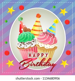 happy birthday card with party hats and muffin