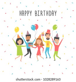 Happy Birthday card. Birthday party with happy young people. Vector  illustration
