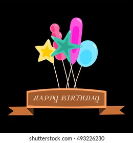 Happy birthday card with pastel colorful air party balloons 