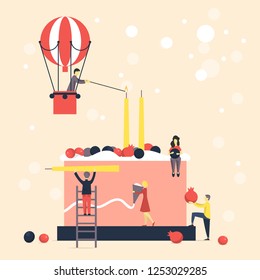 Happy birthday card. People decorate birthday cake with candles. Vector illustration.