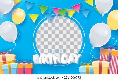 Happy Birthday Card with Photo Slot on Blue Background. 3D sign, greeting, congratulations design