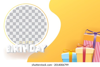 Happy Birthday Card with Photo Slot on Yellow and White Background. 3D sign, greeting, congratulations design