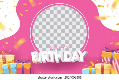 Happy Birthday Card with Photo Slot on Pink Background. 3D sign, greeting, congratulations design