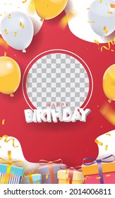 Happy Birthday Card with Photo Slot on Red Background. 3D sign, greeting, congratulations design