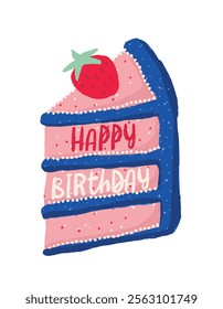 Happy Birthday card with a piece of cake illustration and a strawberry on the top.