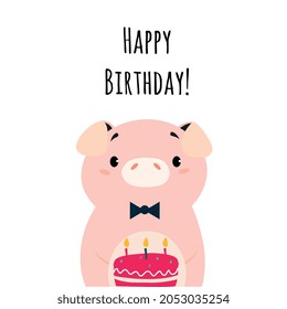 Happy Birthday Card with Pig Farm Animal and Cake with Candles as Holiday Greeting and Congratulation Vector Illustration