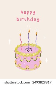 Happy birthday card with pink cake and curved candles. Greeting card with calligrapthy. Elegant and trendy vector illustration templates in simple retro style