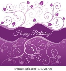 Happy Birthday card with pink and purple swirls and leaves. This image is a vector illustration.