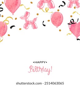 Happy Birthday card with pink watercolor heart and dog balloons. Vector party illustration