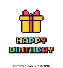 happy birthday card, pixel art postcard, 80s 90s old arcade game style, nostalgia, gift, vector illustration