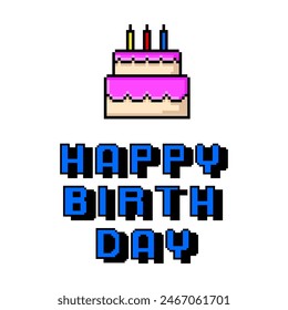 happy birthday card, pixel art postcard, cake, cake with candles 80s 90s old arcade game style, nostalgia, gift, vector illustration