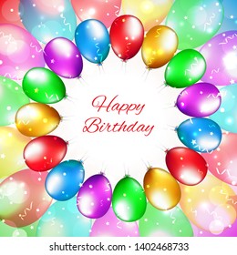 Happy birthday card with place for text. Balloon decoration. Holiday party background with colorful balloons. Multicolor balloons on a light bokeh background. Vector greeting card